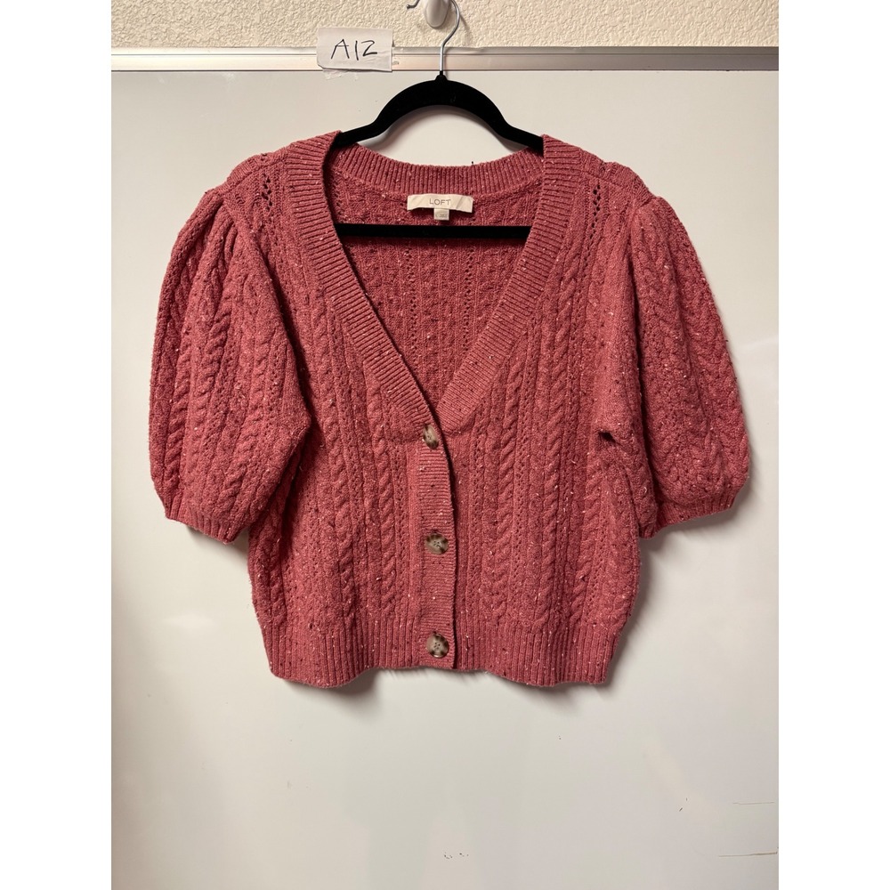 LOFT Womens Pink Knit Short Sleeve Cardigan Sweater Size L V-Neck Puff Sleeves